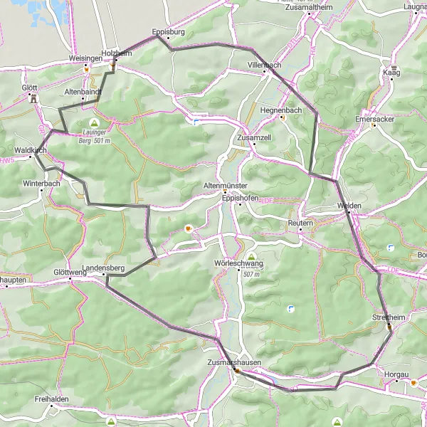 Karten-Miniaturansicht der Radinspiration "Bergpanorama-Tour" in Schwaben, Germany. Erstellt vom Tarmacs.app-Routenplaner für Radtouren