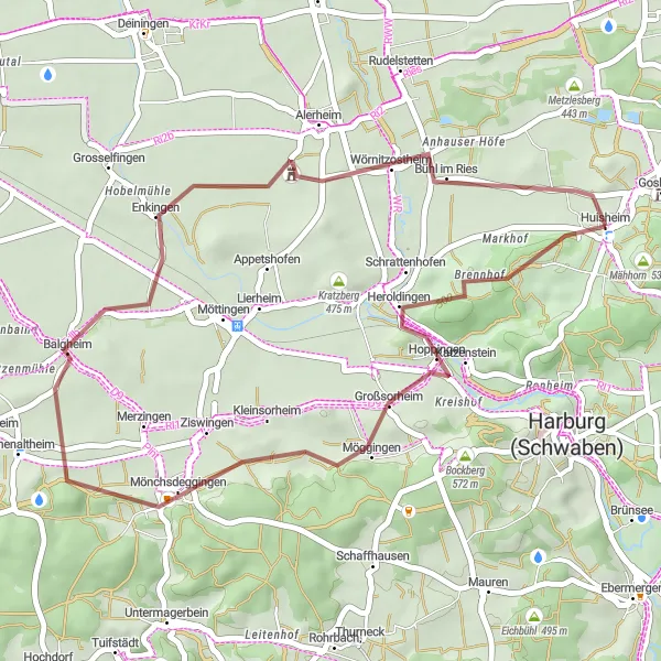 Map miniature of "Scenic Gravel Route" cycling inspiration in Schwaben, Germany. Generated by Tarmacs.app cycling route planner