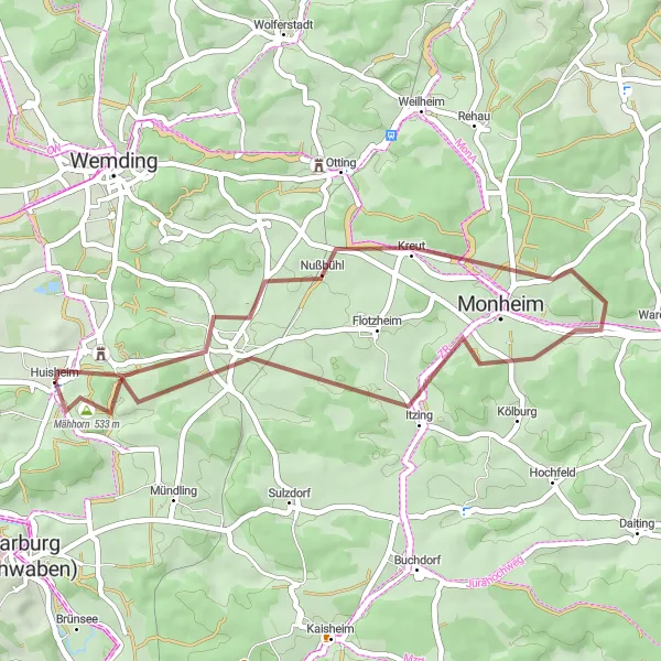 Map miniature of "Gravel Adventure to Monheim" cycling inspiration in Schwaben, Germany. Generated by Tarmacs.app cycling route planner