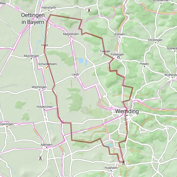 Map miniature of "Hainsfarth and Gosheim Gravel Loop" cycling inspiration in Schwaben, Germany. Generated by Tarmacs.app cycling route planner