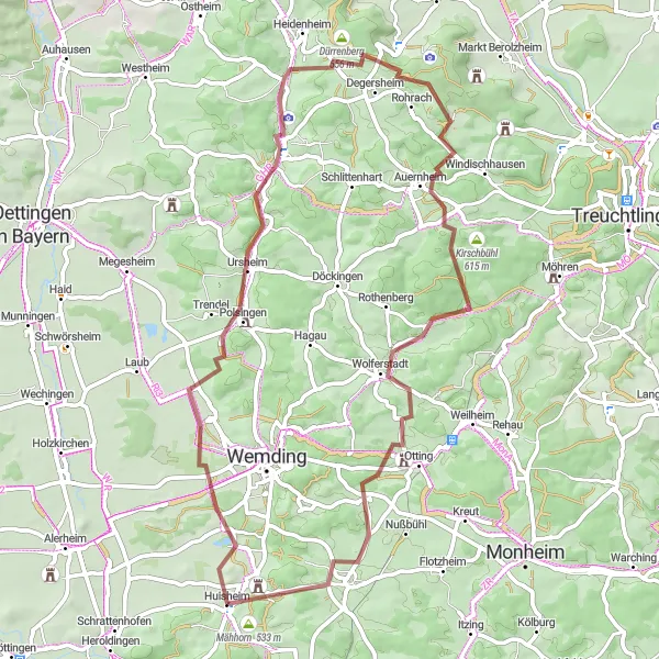 Map miniature of "Gravel Adventure from Huisheim" cycling inspiration in Schwaben, Germany. Generated by Tarmacs.app cycling route planner