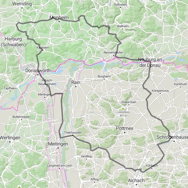Map miniature of "The Lech Valley Loop" cycling inspiration in Schwaben, Germany. Generated by Tarmacs.app cycling route planner