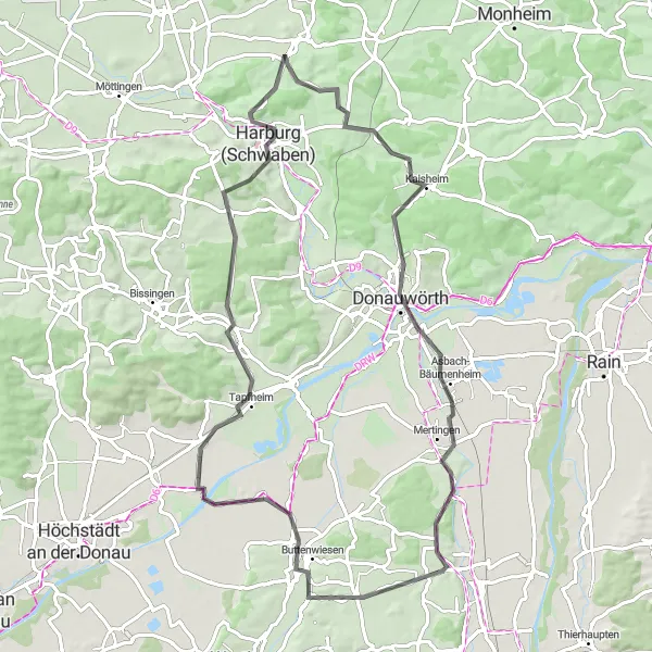 Map miniature of "Scenic Tour of Harburg" cycling inspiration in Schwaben, Germany. Generated by Tarmacs.app cycling route planner