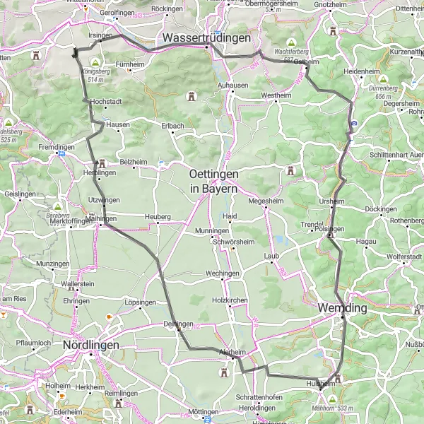Map miniature of "Alerheim and Beyond" cycling inspiration in Schwaben, Germany. Generated by Tarmacs.app cycling route planner