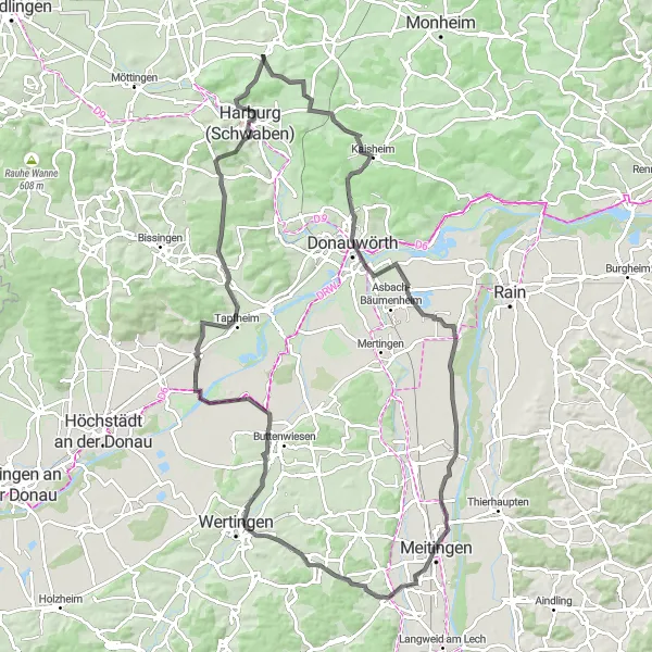 Map miniature of "Huisheim Loop" cycling inspiration in Schwaben, Germany. Generated by Tarmacs.app cycling route planner