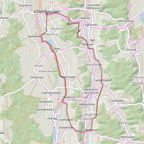 Map miniature of "The Günztal Panorama Route" cycling inspiration in Schwaben, Germany. Generated by Tarmacs.app cycling route planner