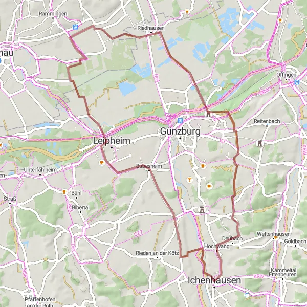 Map miniature of "The Gravel Adventure of Bubesheim" cycling inspiration in Schwaben, Germany. Generated by Tarmacs.app cycling route planner