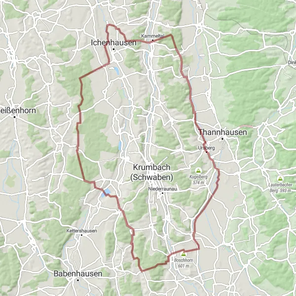 Map miniature of "The Gravel Cycling Paradise: Boschhorn" cycling inspiration in Schwaben, Germany. Generated by Tarmacs.app cycling route planner