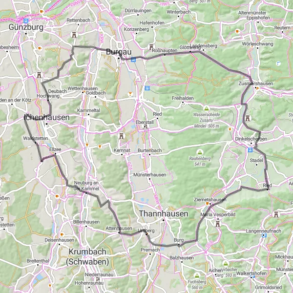 Map miniature of "The Epic Road Cycling Tour: Discovering Glöttweng" cycling inspiration in Schwaben, Germany. Generated by Tarmacs.app cycling route planner