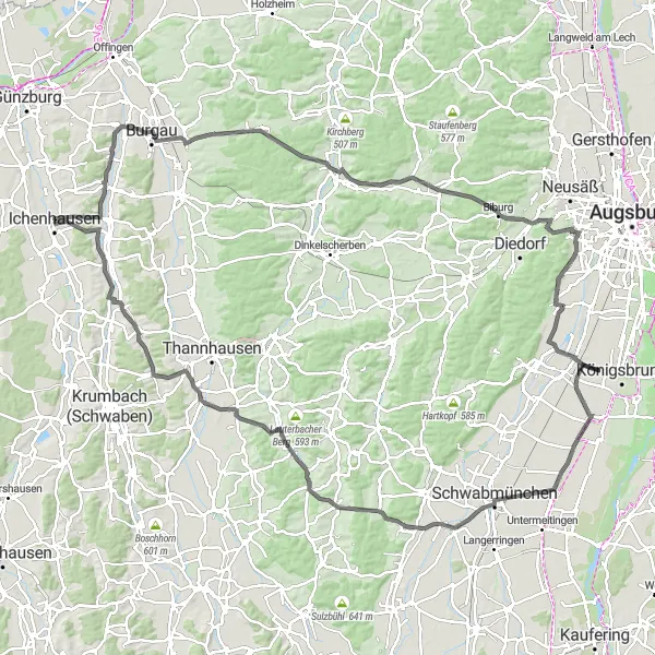 Karten-Miniaturansicht der Radinspiration "Tour um Ichenhausen" in Schwaben, Germany. Erstellt vom Tarmacs.app-Routenplaner für Radtouren