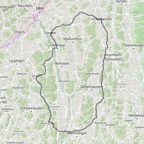 Map miniature of "The Ultimate Road Cycling Challenge: Discover the Kötz Valley" cycling inspiration in Schwaben, Germany. Generated by Tarmacs.app cycling route planner