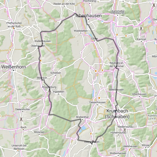 Karten-Miniaturansicht der Radinspiration "Roggenburg Erlebnis" in Schwaben, Germany. Erstellt vom Tarmacs.app-Routenplaner für Radtouren