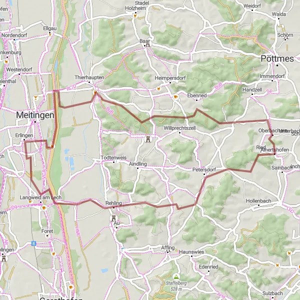 Map miniature of "Lech Valley Gravel Adventure" cycling inspiration in Schwaben, Germany. Generated by Tarmacs.app cycling route planner