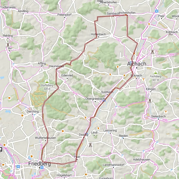 Map miniature of "Discovering Aichach and Hollenbach on Gravel" cycling inspiration in Schwaben, Germany. Generated by Tarmacs.app cycling route planner