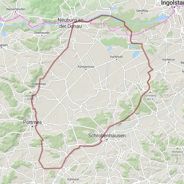 Map miniature of "Scenic Gravel Ride through Pöttmes and Schrobenhausen" cycling inspiration in Schwaben, Germany. Generated by Tarmacs.app cycling route planner