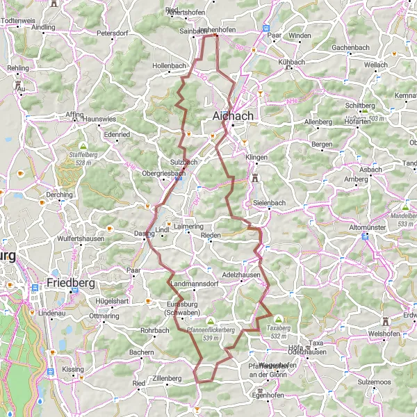 Map miniature of "The Gravel Adventure through Aichach and Eurasburg" cycling inspiration in Schwaben, Germany. Generated by Tarmacs.app cycling route planner