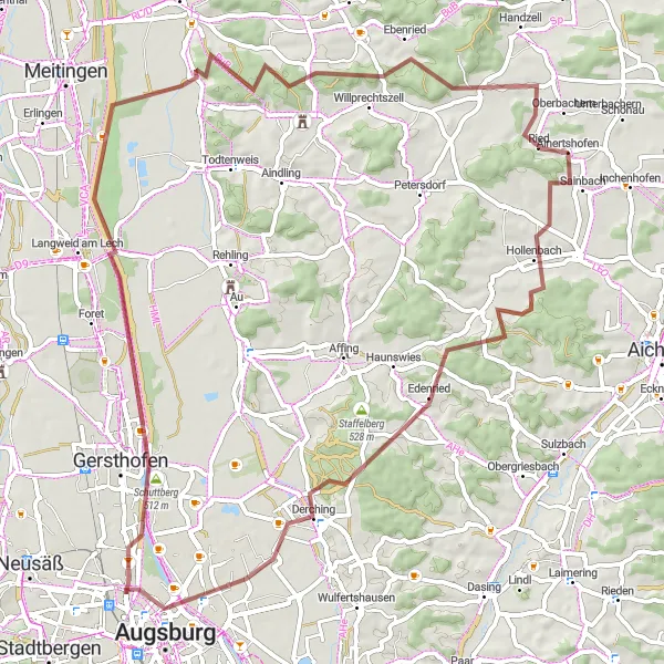 Map miniature of "Breathtaking Gravel Ride to Sainbach and Bach" cycling inspiration in Schwaben, Germany. Generated by Tarmacs.app cycling route planner