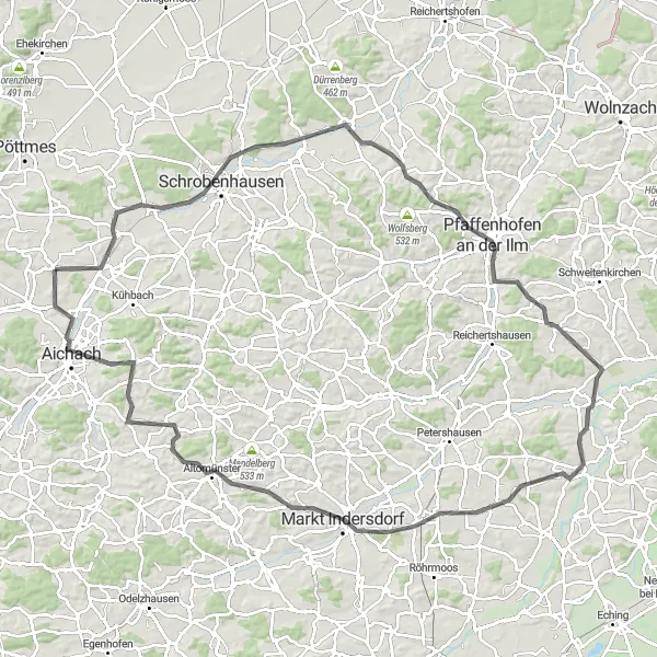 Map miniature of "The Waidhofen Adventure" cycling inspiration in Schwaben, Germany. Generated by Tarmacs.app cycling route planner
