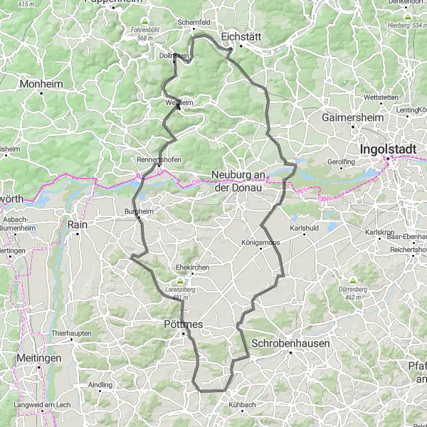 Map miniature of "The Schwabian Hills Circuit" cycling inspiration in Schwaben, Germany. Generated by Tarmacs.app cycling route planner