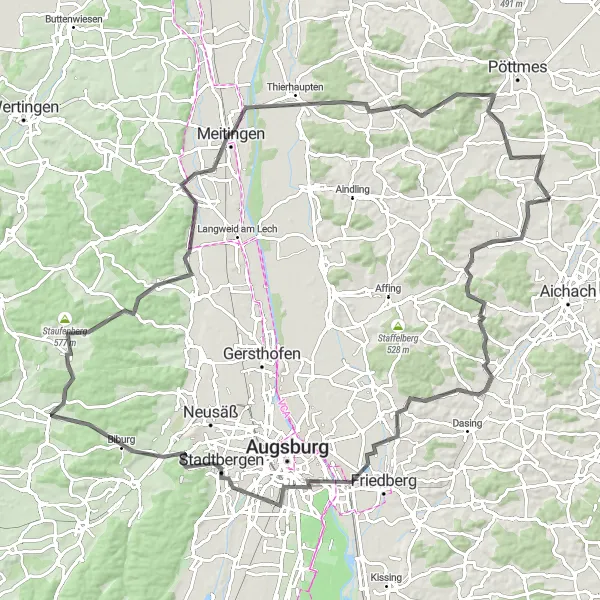 Map miniature of "The Obergriesbach Escape" cycling inspiration in Schwaben, Germany. Generated by Tarmacs.app cycling route planner