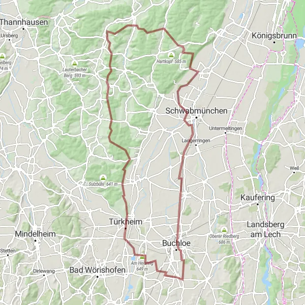 Map miniature of "Bavarian Gravel Adventure" cycling inspiration in Schwaben, Germany. Generated by Tarmacs.app cycling route planner