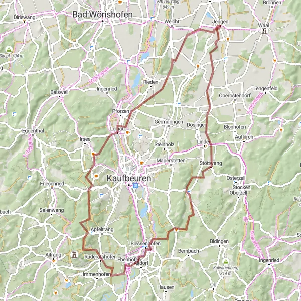 Map miniature of "Hidden Gravel Trails" cycling inspiration in Schwaben, Germany. Generated by Tarmacs.app cycling route planner