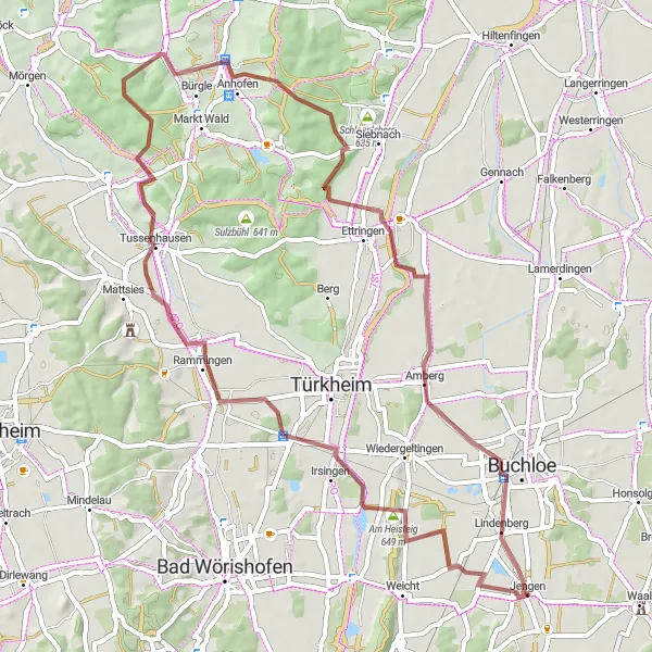 Map miniature of "Gravel Nature Trail" cycling inspiration in Schwaben, Germany. Generated by Tarmacs.app cycling route planner