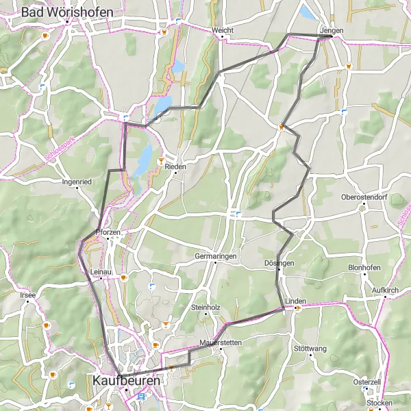 Map miniature of "Dösingen Loop" cycling inspiration in Schwaben, Germany. Generated by Tarmacs.app cycling route planner