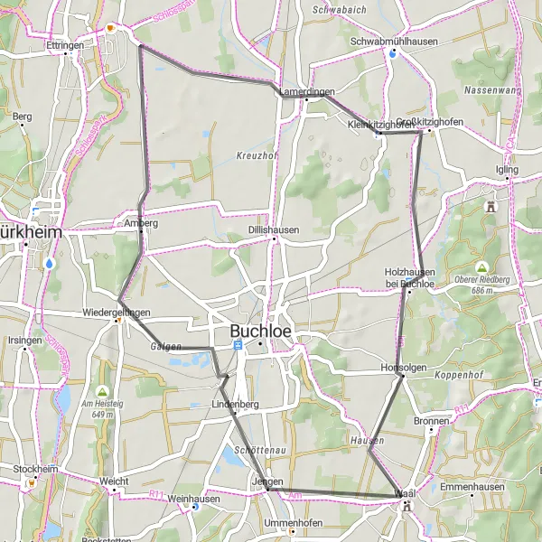 Map miniature of "Amberg Circuit" cycling inspiration in Schwaben, Germany. Generated by Tarmacs.app cycling route planner