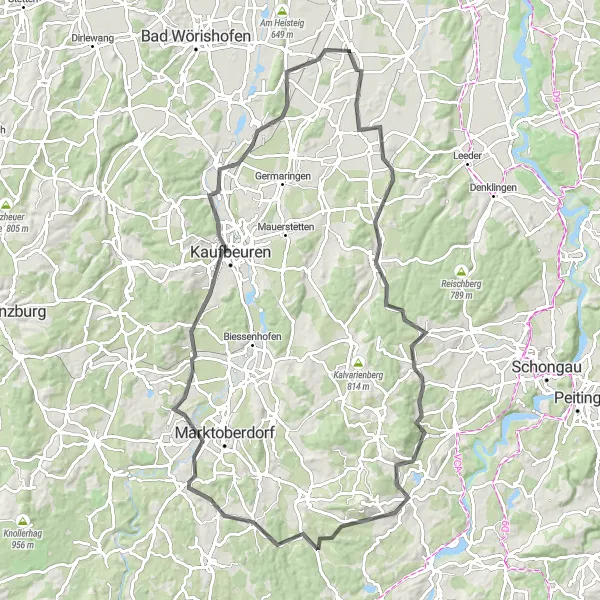 Map miniature of "Oberzell and Kaufbeuren Viewpoint Loop" cycling inspiration in Schwaben, Germany. Generated by Tarmacs.app cycling route planner