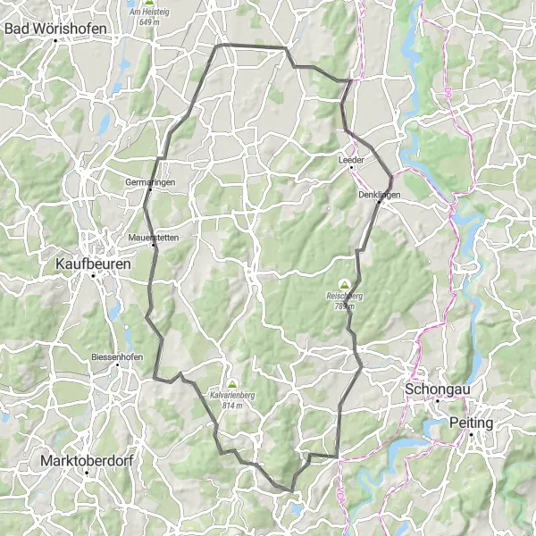 Map miniature of "Waal Castle Loop" cycling inspiration in Schwaben, Germany. Generated by Tarmacs.app cycling route planner