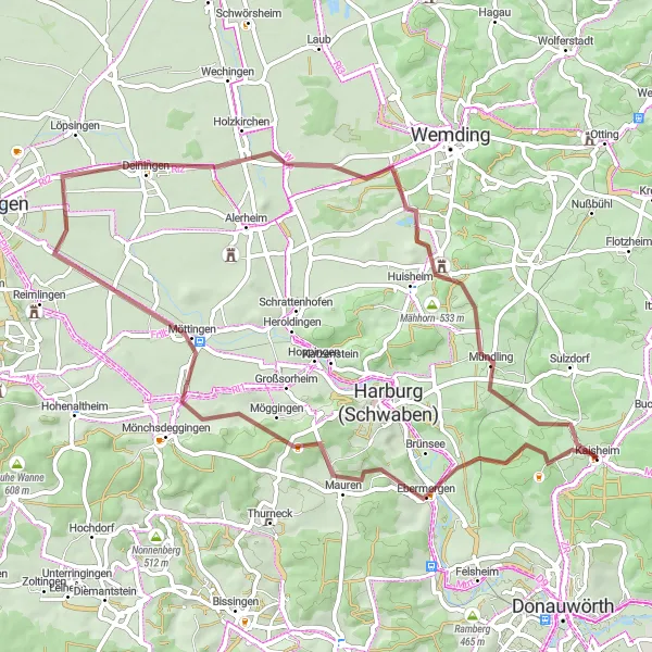 Map miniature of "Kaisheim Gravel Loop" cycling inspiration in Schwaben, Germany. Generated by Tarmacs.app cycling route planner