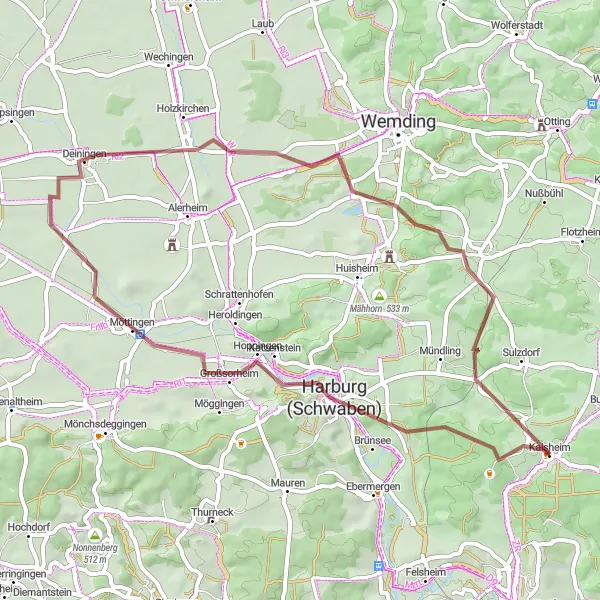 Map miniature of "Gravel Adventure Through Rural Landscapes" cycling inspiration in Schwaben, Germany. Generated by Tarmacs.app cycling route planner