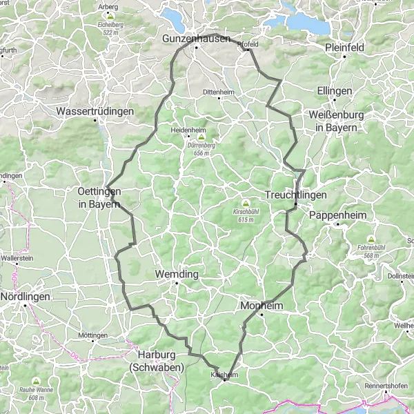 Map miniature of "Rolling Hills and Historic Towns" cycling inspiration in Schwaben, Germany. Generated by Tarmacs.app cycling route planner