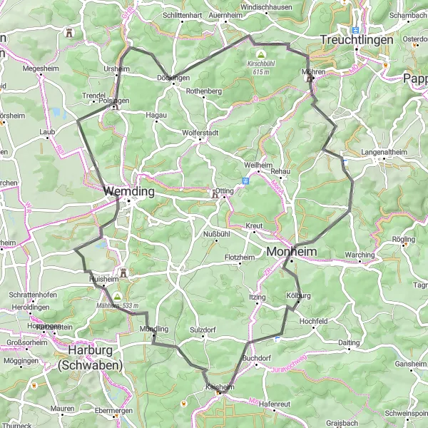 Map miniature of "Wemding Round Trip" cycling inspiration in Schwaben, Germany. Generated by Tarmacs.app cycling route planner