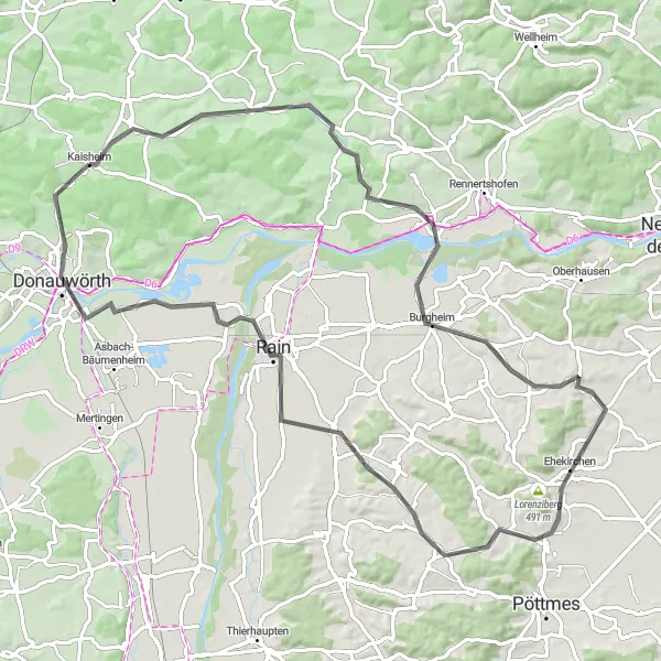 Map miniature of "Kaisheim Road Adventure" cycling inspiration in Schwaben, Germany. Generated by Tarmacs.app cycling route planner