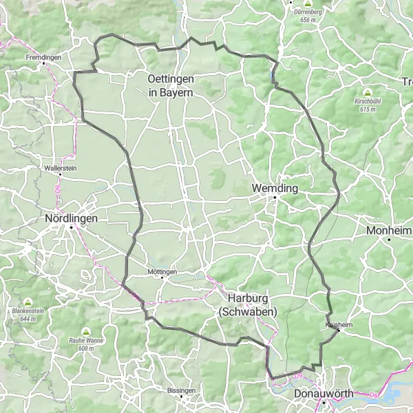 Map miniature of "Kaisheim Road Loop" cycling inspiration in Schwaben, Germany. Generated by Tarmacs.app cycling route planner