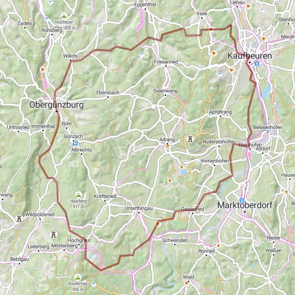 Map miniature of "The Gravel Adventure through Kaufbeuren and Surroundings" cycling inspiration in Schwaben, Germany. Generated by Tarmacs.app cycling route planner