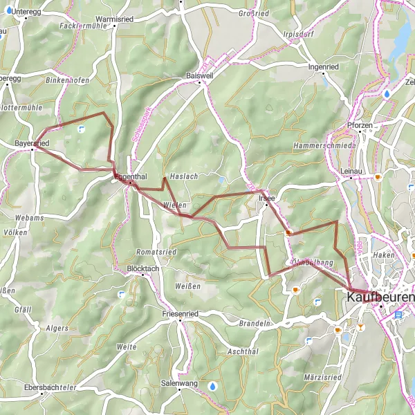 Karten-Miniaturansicht der Radinspiration "Kurze Gravel-Tour um Kaufbeuren" in Schwaben, Germany. Erstellt vom Tarmacs.app-Routenplaner für Radtouren