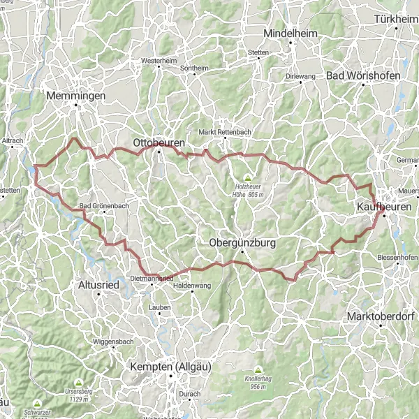 Map miniature of "Challenging Gravel Ride with Spectacular Scenic Highlights" cycling inspiration in Schwaben, Germany. Generated by Tarmacs.app cycling route planner