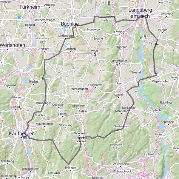 Karten-Miniaturansicht der Radinspiration "Romantische Landschaften um Kaufbeuren" in Schwaben, Germany. Erstellt vom Tarmacs.app-Routenplaner für Radtouren