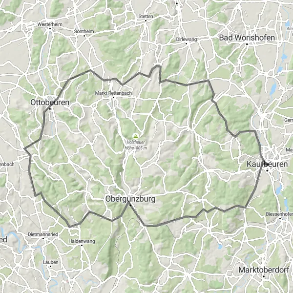 Map miniature of "Road Cycling Route from Kaufbeuren to Ottobeuren" cycling inspiration in Schwaben, Germany. Generated by Tarmacs.app cycling route planner