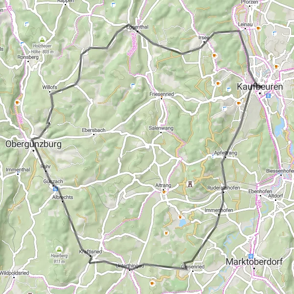 Map miniature of "Kaufbeuren and Surroundings Challenge" cycling inspiration in Schwaben, Germany. Generated by Tarmacs.app cycling route planner