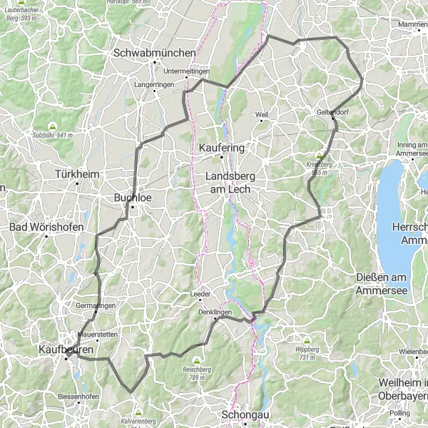 Map miniature of "Scenic Road Cycling Challenge - Kaufbeuren and Beyond" cycling inspiration in Schwaben, Germany. Generated by Tarmacs.app cycling route planner