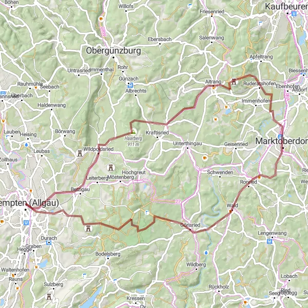 Map miniature of "Gravel Route around Kempten" cycling inspiration in Schwaben, Germany. Generated by Tarmacs.app cycling route planner