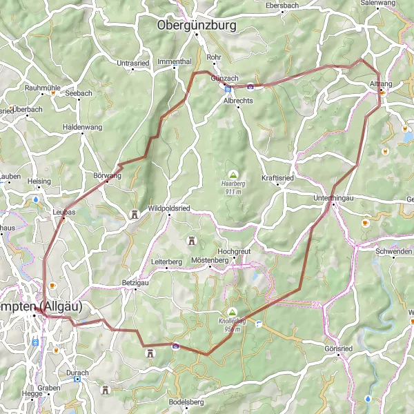 Map miniature of "Scenic Gravel Adventure" cycling inspiration in Schwaben, Germany. Generated by Tarmacs.app cycling route planner