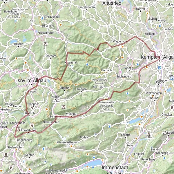 Map miniature of "Kempten Gravel Adventure" cycling inspiration in Schwaben, Germany. Generated by Tarmacs.app cycling route planner