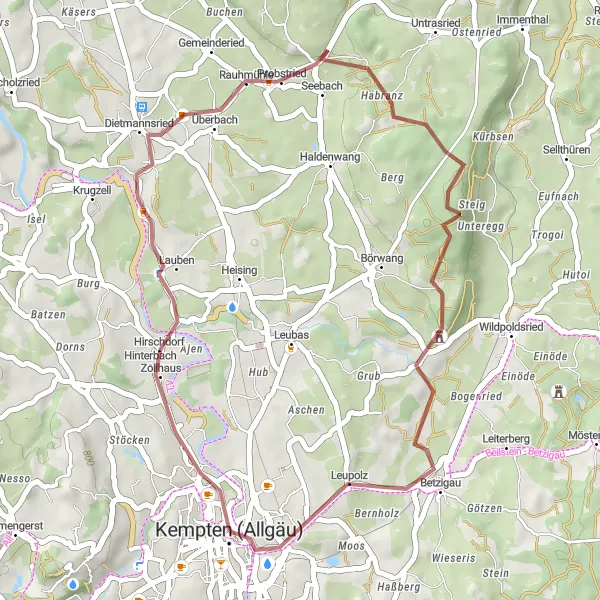 Map miniature of "Kempten Gravel Adventure" cycling inspiration in Schwaben, Germany. Generated by Tarmacs.app cycling route planner