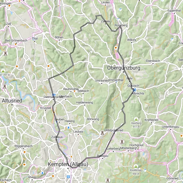 Map miniature of "Kempten (Allgäu) Loop" cycling inspiration in Schwaben, Germany. Generated by Tarmacs.app cycling route planner