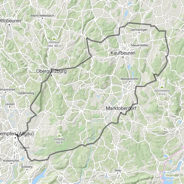 Karten-Miniaturansicht der Radinspiration "Rundtour Kempten - Durach" in Schwaben, Germany. Erstellt vom Tarmacs.app-Routenplaner für Radtouren